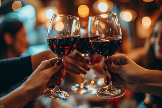 Group of friends toasting with red wine in a pub or restaurant Closeup of a stethoscope, AI generated
