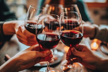 Group of friends toasting with red wine in a pub or restaurant Closeup of a stethoscope, AI generated