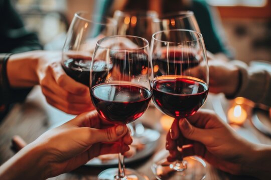 Group of friends toasting with red wine in a pub or restaurant Closeup of a stethoscope, AI generated
