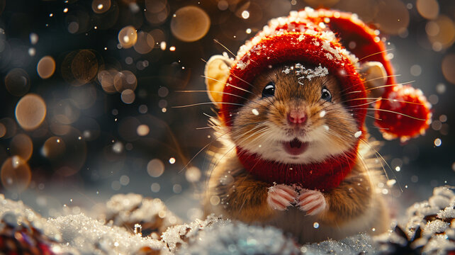 Hamster in a Christmas hat, joy and warmth