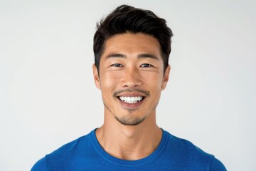 Obraz premium Head Shot Male White Background. Smiling Asian Executive in Blue T-shirt, 30s