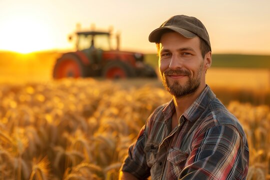 Smiling farmer in field with tractor at sunset