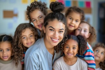 Obraz premium Smiling female kindergarten teacher hugged by children in school classroom, back to school concept