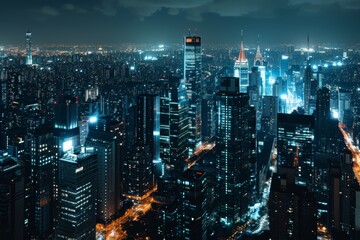 Fototapeta premium Glowing skyscrapers illuminate the futuristic cityscape at night AI generated