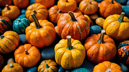 Obraz premium heap of pumpkins for sale. Colorful gourds orange green yellow. rich harvest background. full frame photo, directly above view