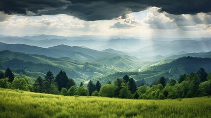 Fototapeta premium glade covered with grass on the background of a mountain massif and forest in the summer season. Trips in the mountains. clean air Concept clean environment.