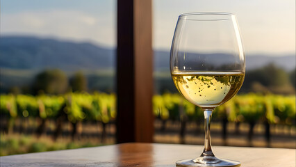 Obraz premium glass of white wine on blurred background of vineyard. Agriculture winery, wine tasting, growing grapes concept. advertising mockup with table top with copy space for product display, show or present