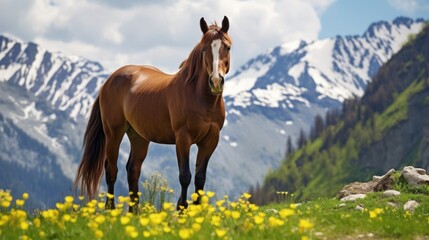 Fototapeta premium a horse on a mountain glade against the background of mountains. horse farm concept.