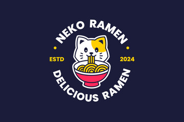 Cat Ramen Badge Logo in Vintage or Retro Style for Ramen Restaurant