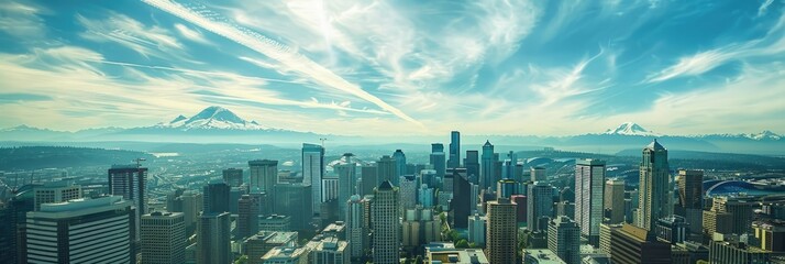 Obraz premium City Of Seattle. Panorama View of Downtown Skyline with Mt. Rainier and Landmark Skyscrapers