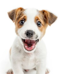 Excited Animal. Surprised Puppy of Domestic Dog Breed Looking at Camera on White Background