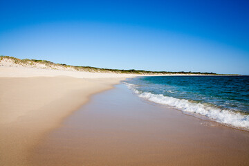 Perfect Beach, Four Mile Beach in Western Australia. Southern Ocean. Space for Copy.  Sun-soaked sand beside the turquoise ocean.