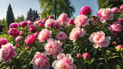 Garden with Peony on sunny day, Generative AI