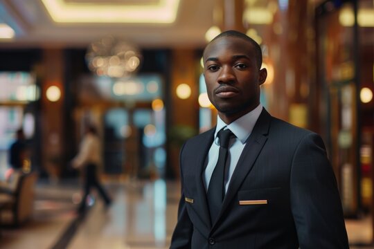 Hotel Security. Bi-racial security man in suit providing business protection in modern hotel lobby