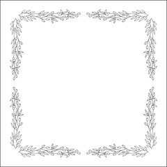 Elegant black and white vegetal ornamental frame with tiny flowers, decorative border, corners for greeting cards, banners, business cards, invitations, menus. Isolated vector illustration.