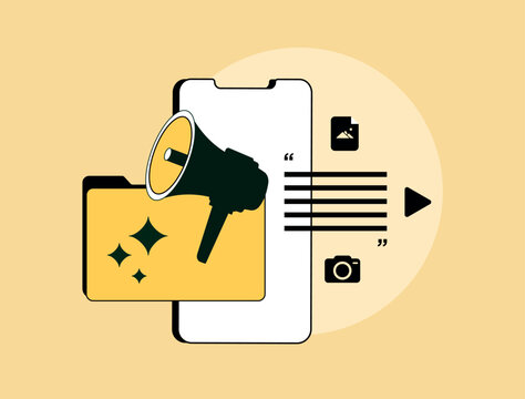 Press release and news publication concept. Online press media marketing for wider audience. Media kit with icons for PR marketing campaigns. Isolated modern flat vector illustration