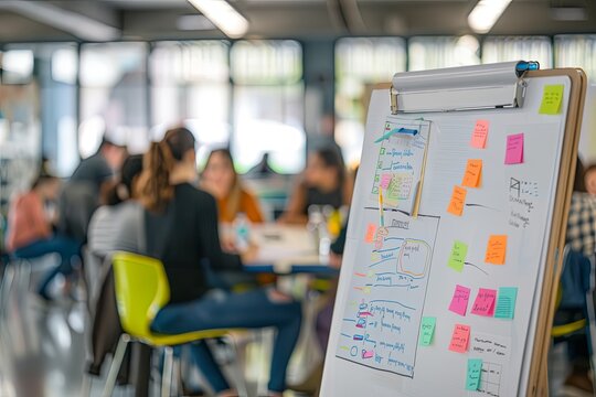 White flip chart with sticky notes, people collaborating in the background during an event or workshop, emphasizing the focus on written ideas and teamwork.