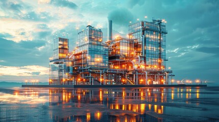 Modern industrial plant with glass structures illuminated at dusk, reflecting on water.