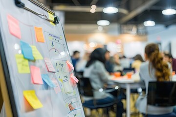 White flip chart with sticky notes, people collaborating in the background during an event or workshop, emphasizing the focus on written ideas and teamwork.