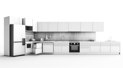 Modern white kitchen, minimalist interior design on white background isolate. AI generated.