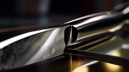 Close-up of kitchen knife with reflection on background of interior. AI generated.