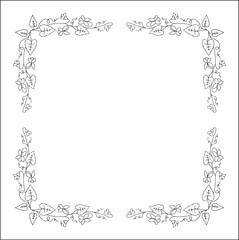 Elegant black and white vegetal ornamental frame with violet  flowers, decorative border, corners for greeting cards, banners, business cards, invitations, menus. Isolated vector illustration.