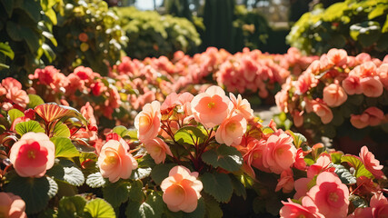 Garden with flowers on sunny day, Generative AI