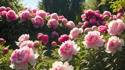 Garden with Peony on sunny day, Generative AI