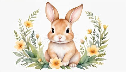 Obraz premium Baby rabbit with flowers, Baby Animal, nursery art style. Ideal for nursery decor, children's art and baby shower greeting card