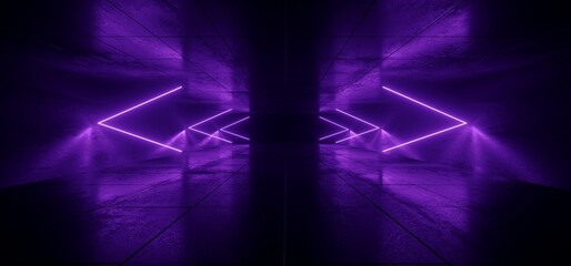 Sci Fi Alien Futuristic Arrows Laser Glow Neon Vibrant Saturated Lights Modern Electric Room Tunnel Corridor Stage Basement Cement Concrete Background 3D Rendering