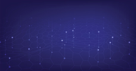 Hexagon geometric internet mesh lines  on a blue background. Wave with connected dots and lines.Geometric abstract background with simple Wave elements.