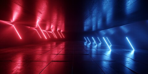 Sci Fi Alien Futuristic Laser Glow Neon Vibrant Saturated Lights Modern Electric Room Tunnel Corridor Stage Basement Cement Concrete Background 3D Rendering