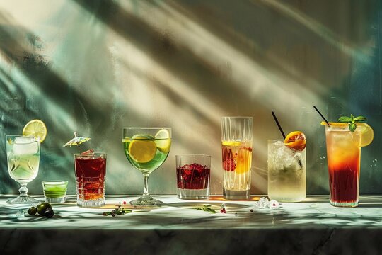Glasses of various most popular world cocktails with ice cubes on green background with shadows.AI Generative. - Powered by Adobe