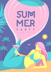 Retro flat summer cocktail party poster with mermaid and cocktail on beach background. Vector illustration