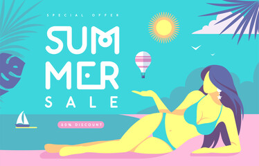 Retro flat summer big sale poster with beautiful girl in swimsuit on beach background. Vector illustration