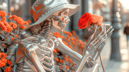 Woman with Skeleton Face . The image is a colorful and vibrant representation of Day of the Dead, a Mexican holiday honoring the dead.