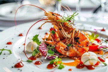 Plate with mix of exotic seafood products in modern luxury restaurant.AI Generative.