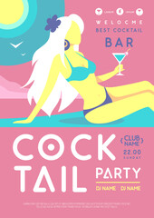 Retro flat summer cocktail party poster with beautiful girl in swimsuit and cocktail on beach background. Vector illustration