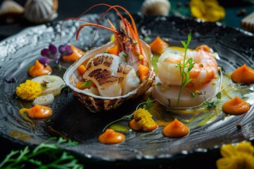 Plate with mix of exotic seafood products in modern luxury restaurant.Macro.AI Generative.