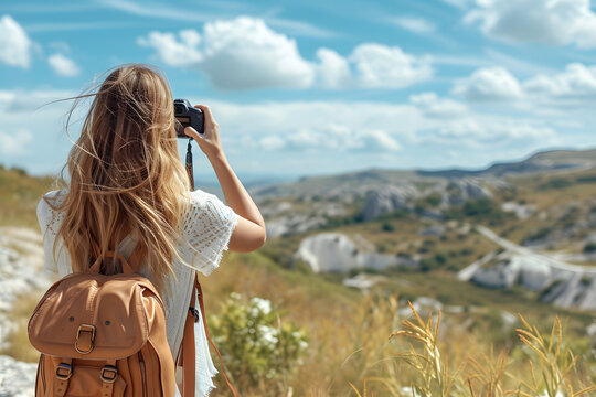female photographer with scenic landscape with her camera. The backdrop features rolling hills, bright, blue sky filled with clouds. sense of adventure and exploration