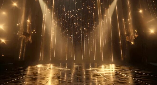 stage opening golden stage glitter animation, spotlights and luxury gold light streak. Particle luxury for ceremony background	
