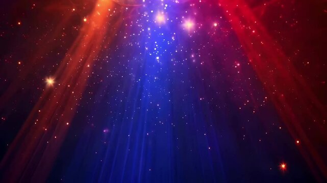 Stage opening stage glitter animation, spotlights luxury red and blue light streak. Particle luxury for ceremony background