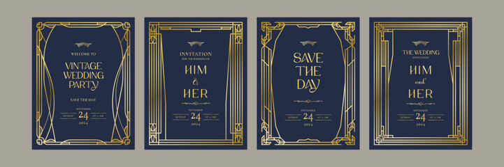 Art deco luxury gold frames set, Art Deco cards set, Vintage gold frames, Antique decorative frames, geometric luxury card, wedding invitation card, banner, label background vector illustrator