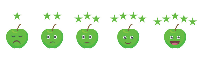 Customer experience vector icons. Collection of icons with apple and rating stars. Stars from 1 to 5. Icon set for restaurants and meals