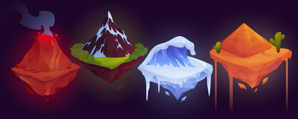 Game platform. Playing island location. Map interface. Ice mountain and volcano fire. Flying rock glacier. Desert nature landscape. Fantasy cloud cartoon icon. 3D UI elements set. Vector ground GUI © Natalia
