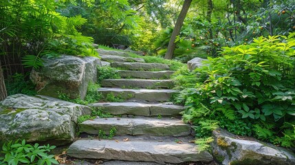 Stroll up stone steps amidst the serene park's greenery.
