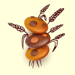 Art composition with hand drawn ears of wheat and realistic 3d cookies. Modern minimal concept food design. Vector illustration.