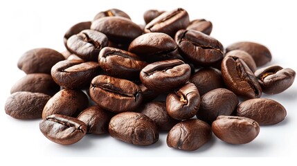 Close-up of roasted coffee beans on a white background, showcasing their rich brown color and detailed texture, ideal for beverage and food photography.