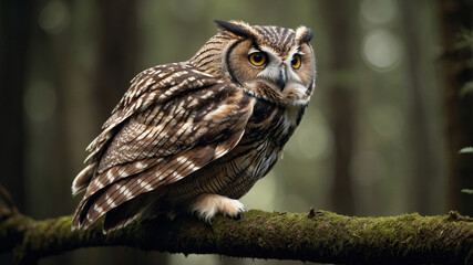 Obraz premium Owl Perched on a Branch in a Dense Forest