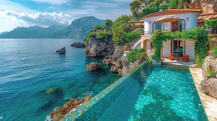 Fototapeta premium Luxurious villa nestled along the breathtaking Amalfi Coast of Italy, with panoramic views of the sparkling Mediterranean Sea.